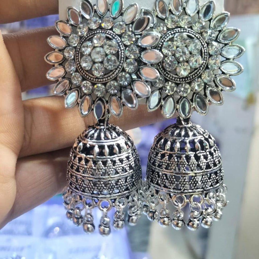 Oxidised Plated Mirror Jhumki Earrings