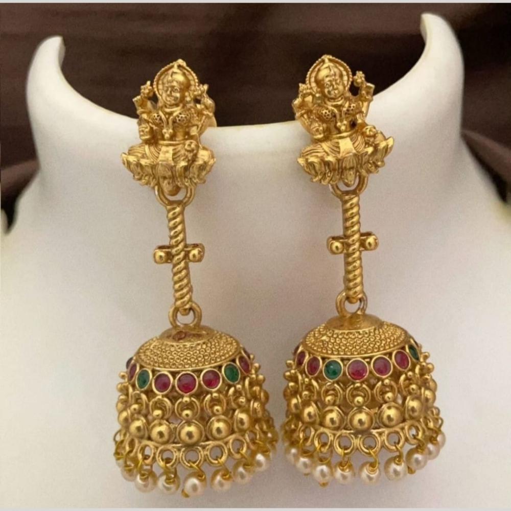 Matte Gold Plated Pota Stone Temple Jhumki Earrings