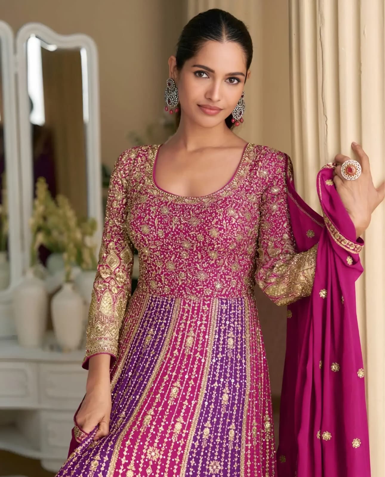 Real Premium Georgette Heavy Embroidered Anarkali Gown With Swarovski Zarkan Work Pink