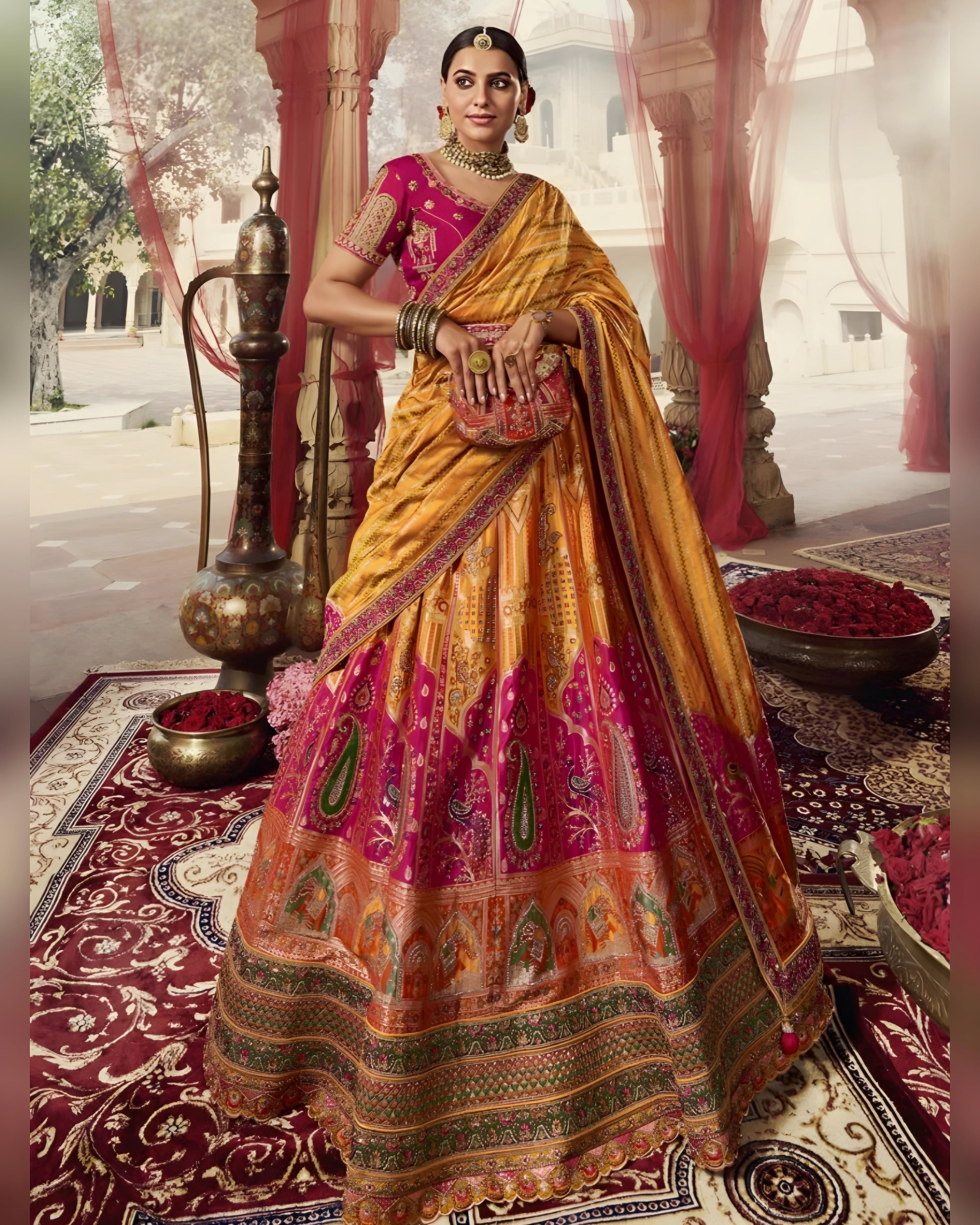 Banarasi Silk Wedding Lehenga Choli Yellow and Pink