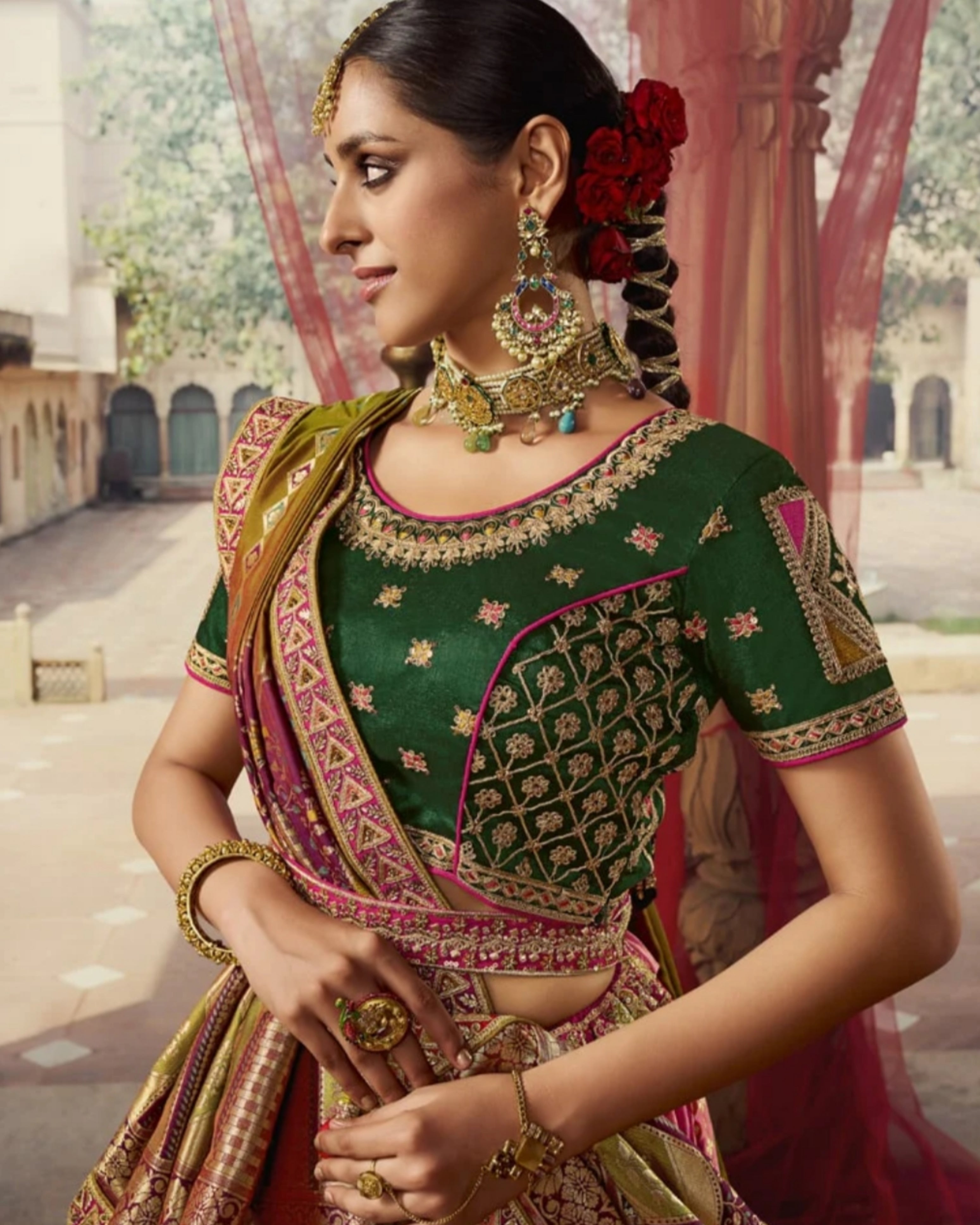 Banarasi Silk Wedding Lehenga Choli Green  Blouse
