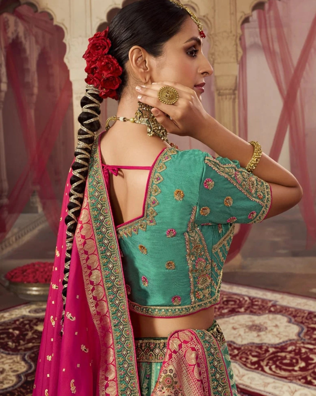 Banarasi Silk Wedding Lehenga Choli Green and Pink