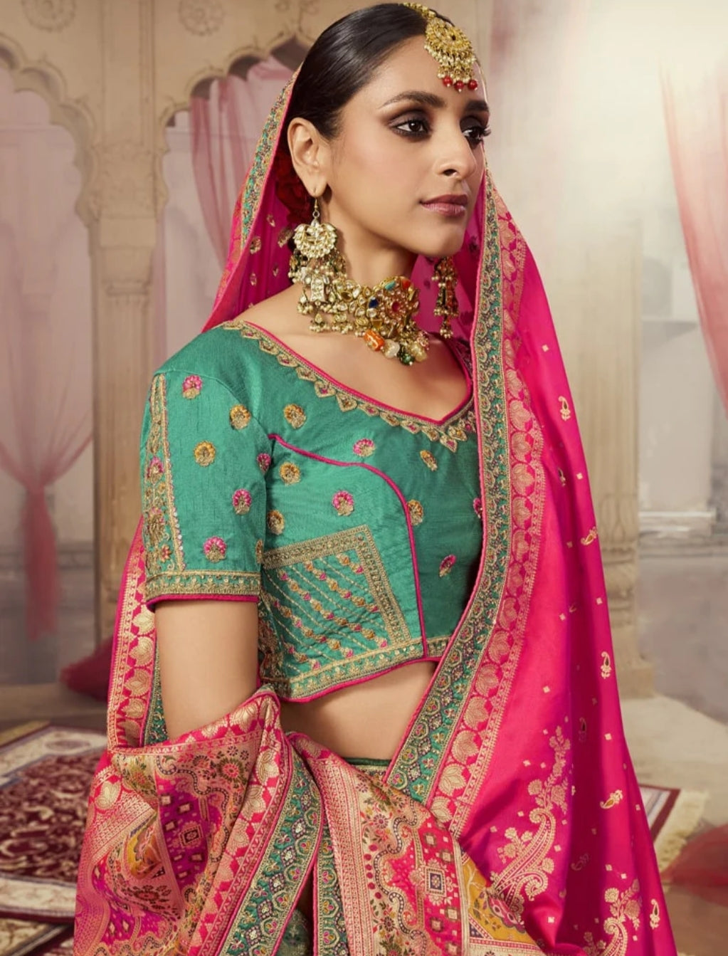 Banarasi Silk Wedding Lehenga Choli Green and Pink