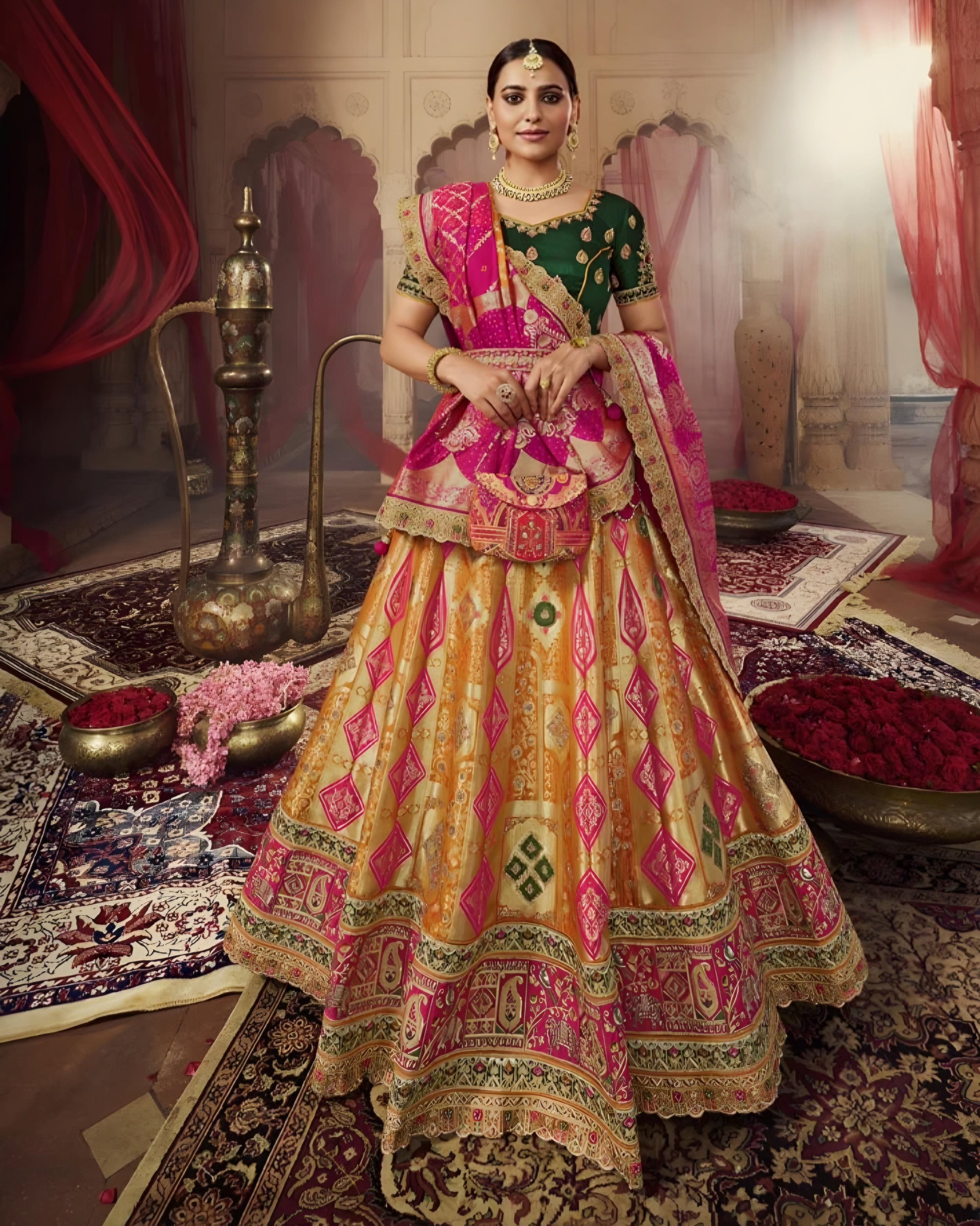 Banarasi Silk Wedding Lehenga Choli Pink and Yellow