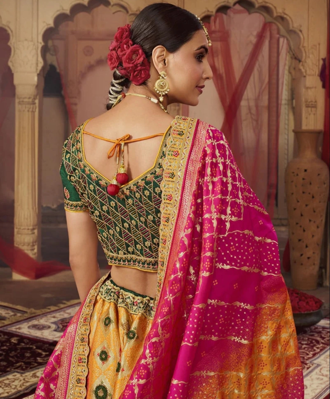 Banarasi Silk Wedding Lehenga Choli Pink and Yellow