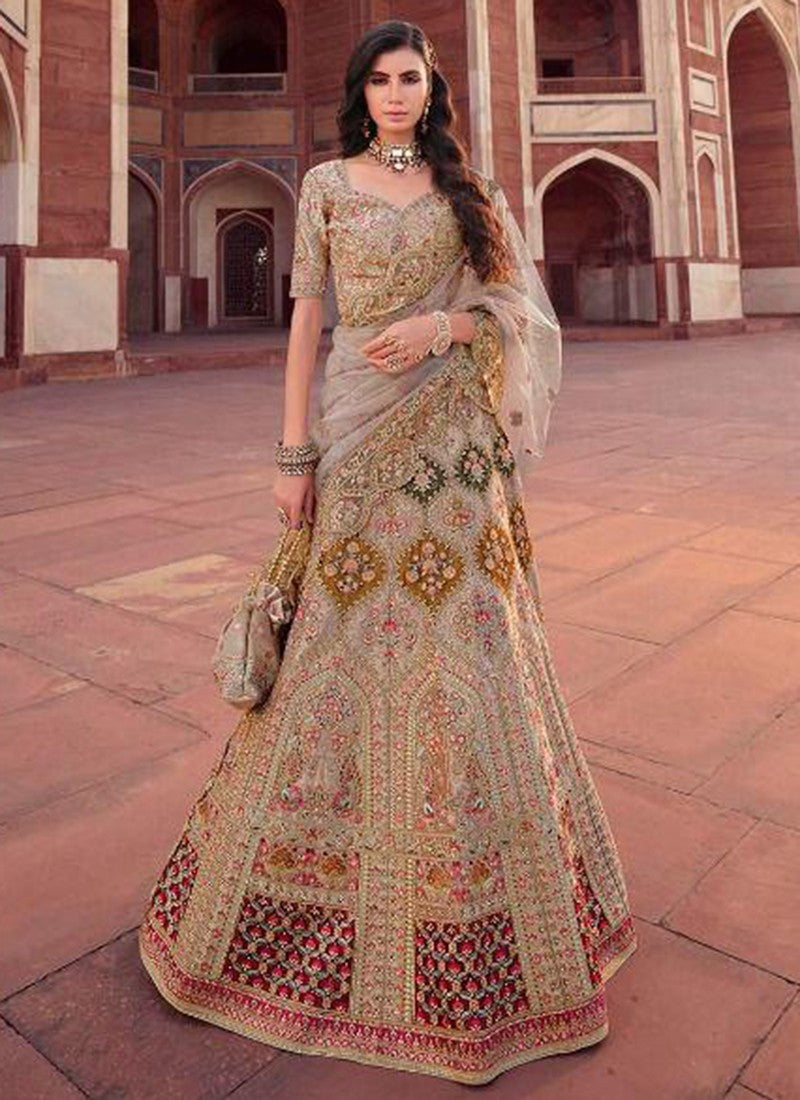 Beige Heavy Embroidered Bridal Lehenga Choli - Sakhi Fashions
