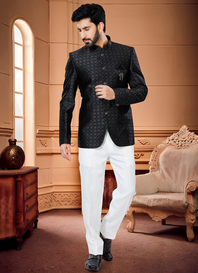 Black and Gray Jaquard Mens Jodhpuri Suits - Sakhi Fashions