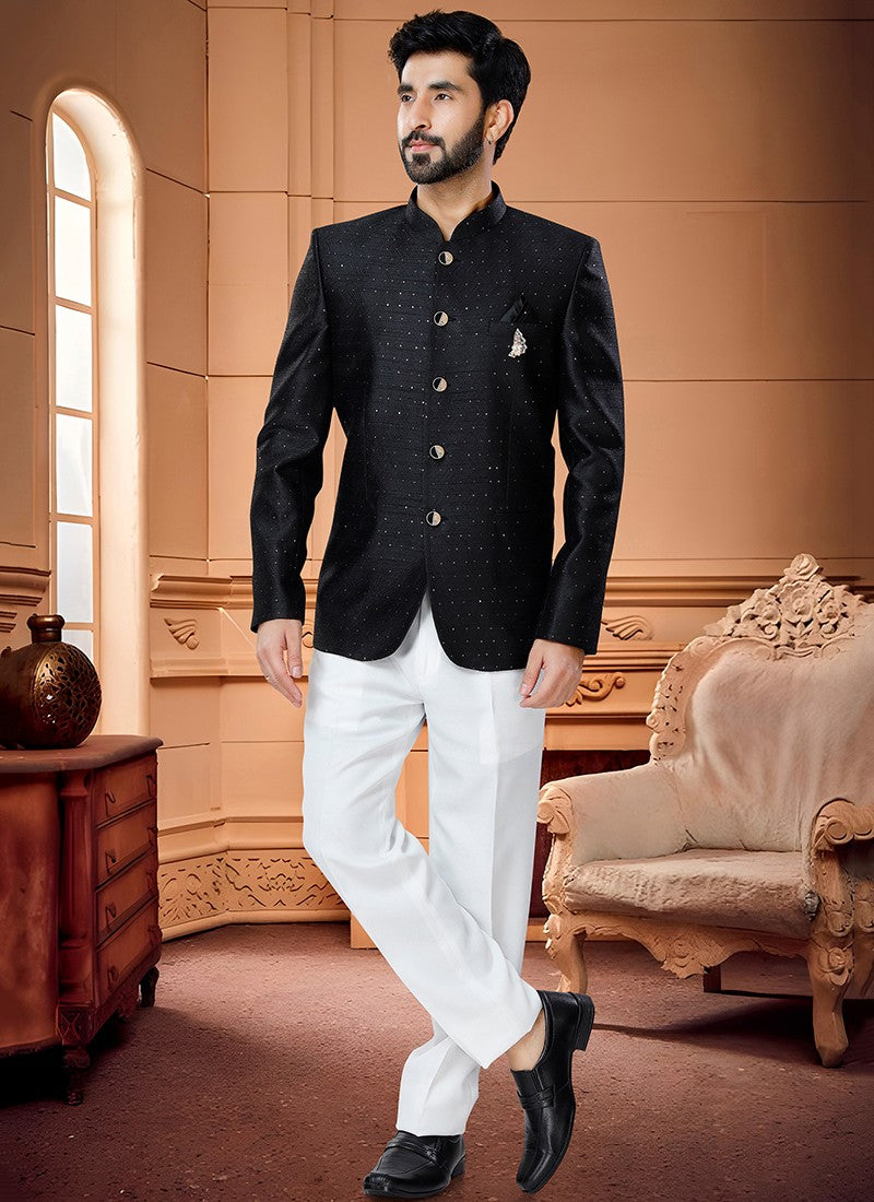 Black Jaquard Men Jodhpuri Suits - Sakhi Fashions
