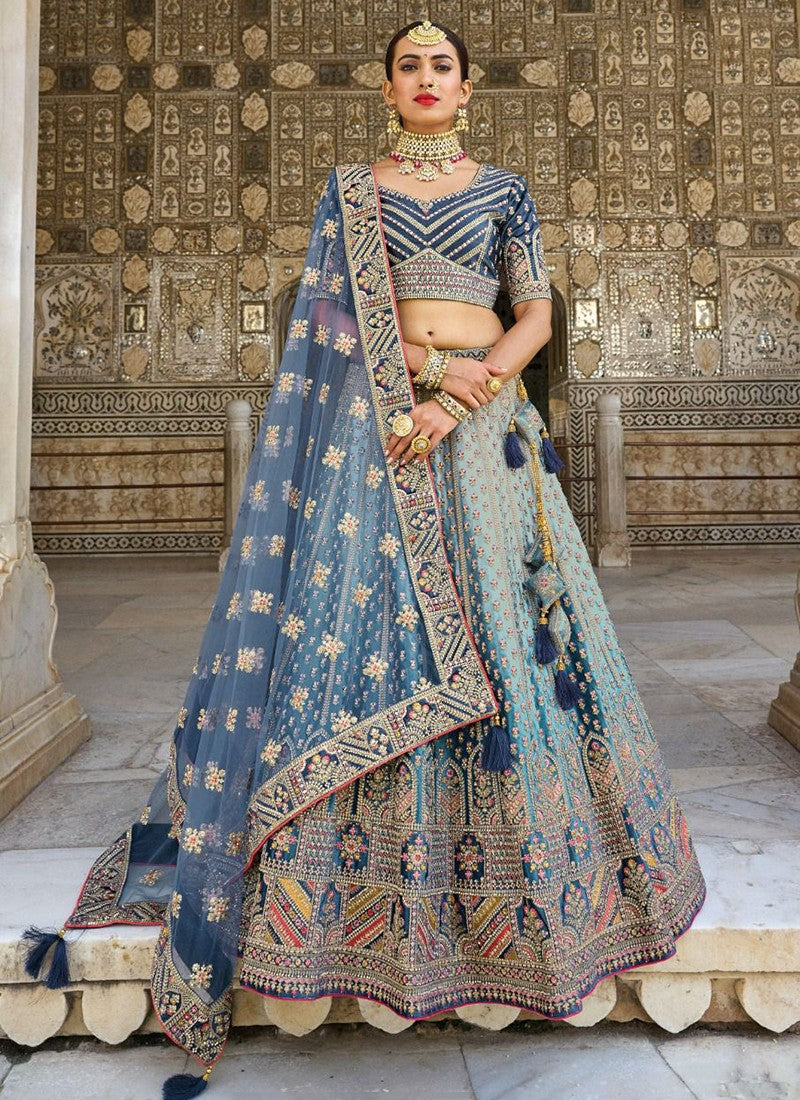 Blue Velvet Heavy Embroidery Bridal Lehenga Choli - Sakhi Fashions