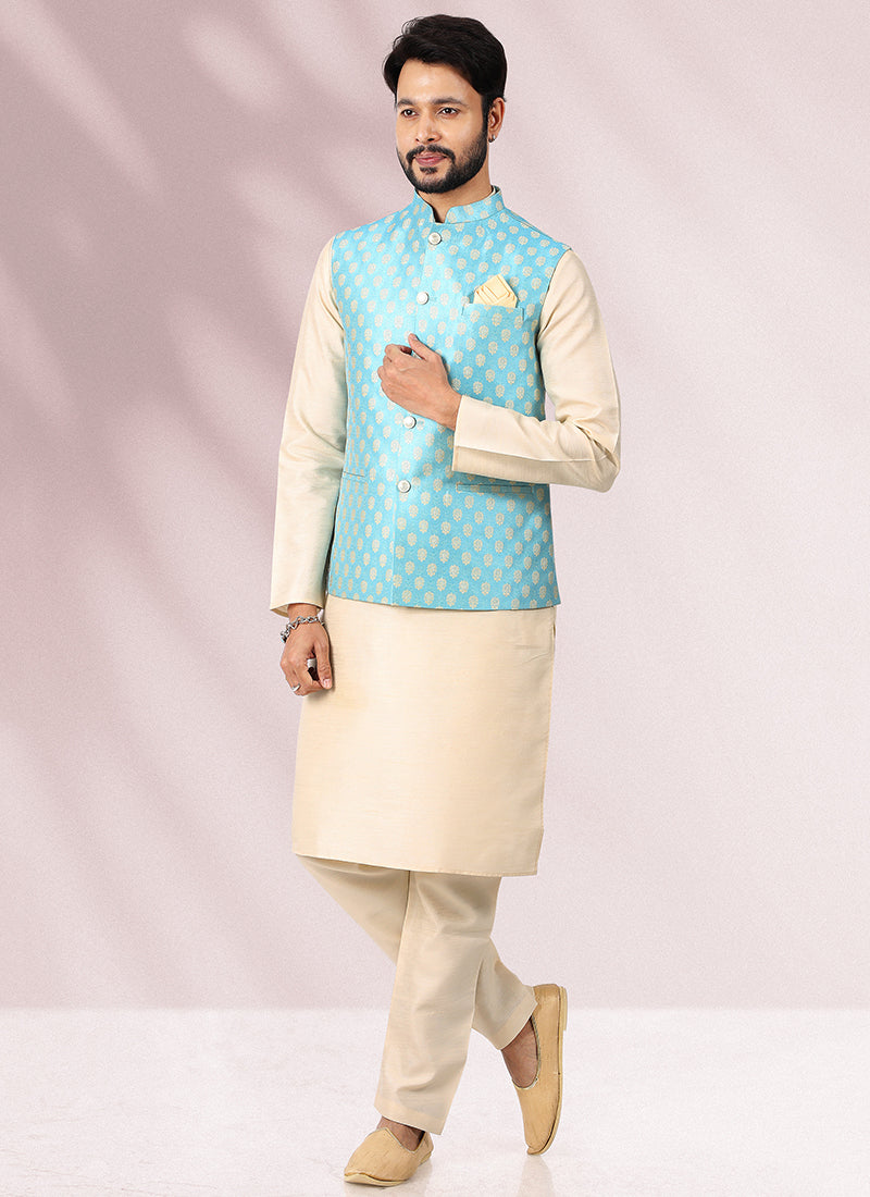 Mens Jacquard Silk Jacket Kurta Pyjama - Sakhi Fashions