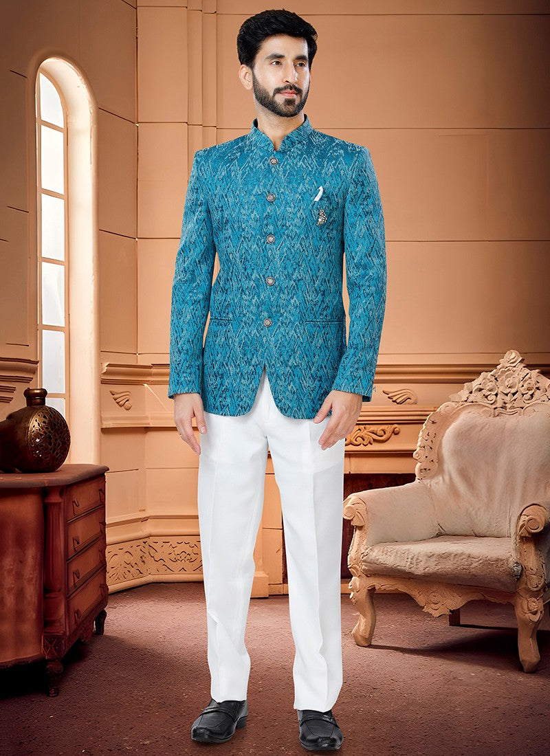Blue Woven  Jaquard Men Jodhpuri Suits - Sakhi Fashions