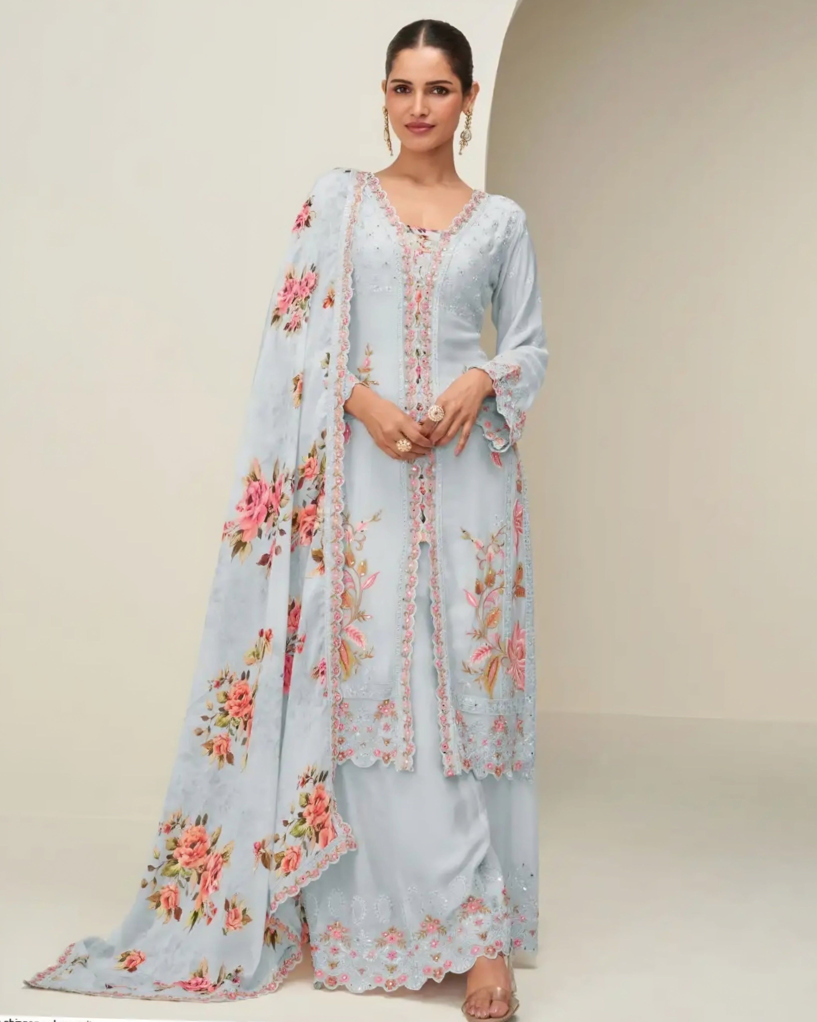 Sky Blue Embroidered Chinon Silk Salwar Suit with Palazzo & Floral Dupatta
