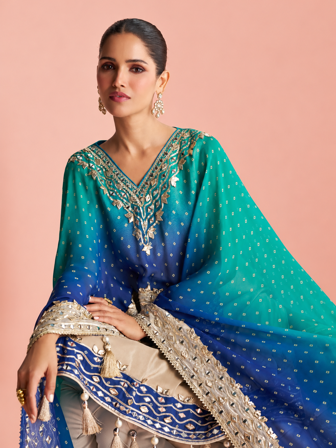 Premium Chinon Silk Mirror Work Kaftan Sharara Set