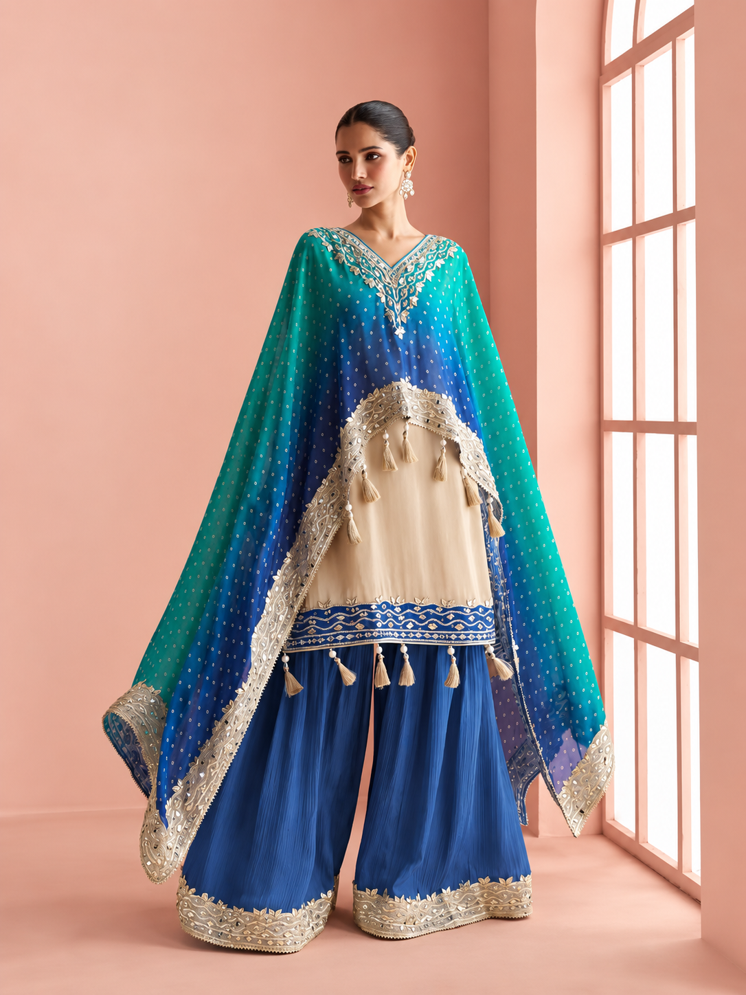 Premium Chinon Silk Mirror Work Kaftan Sharara Set