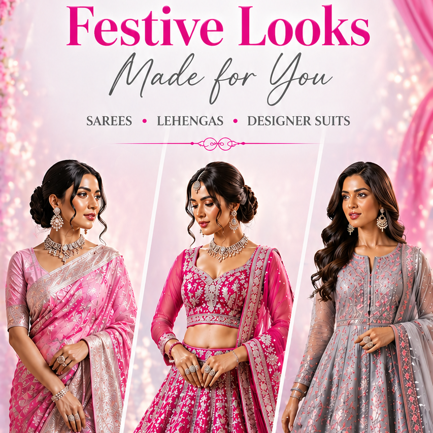 Advertisement for Sakhi Fashions featuring three women in pink traditional outfits with promotional text.