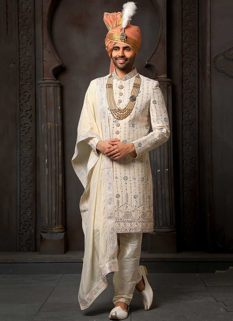 Cream colour  Embroidered Sherwani - Sakhi Fashions