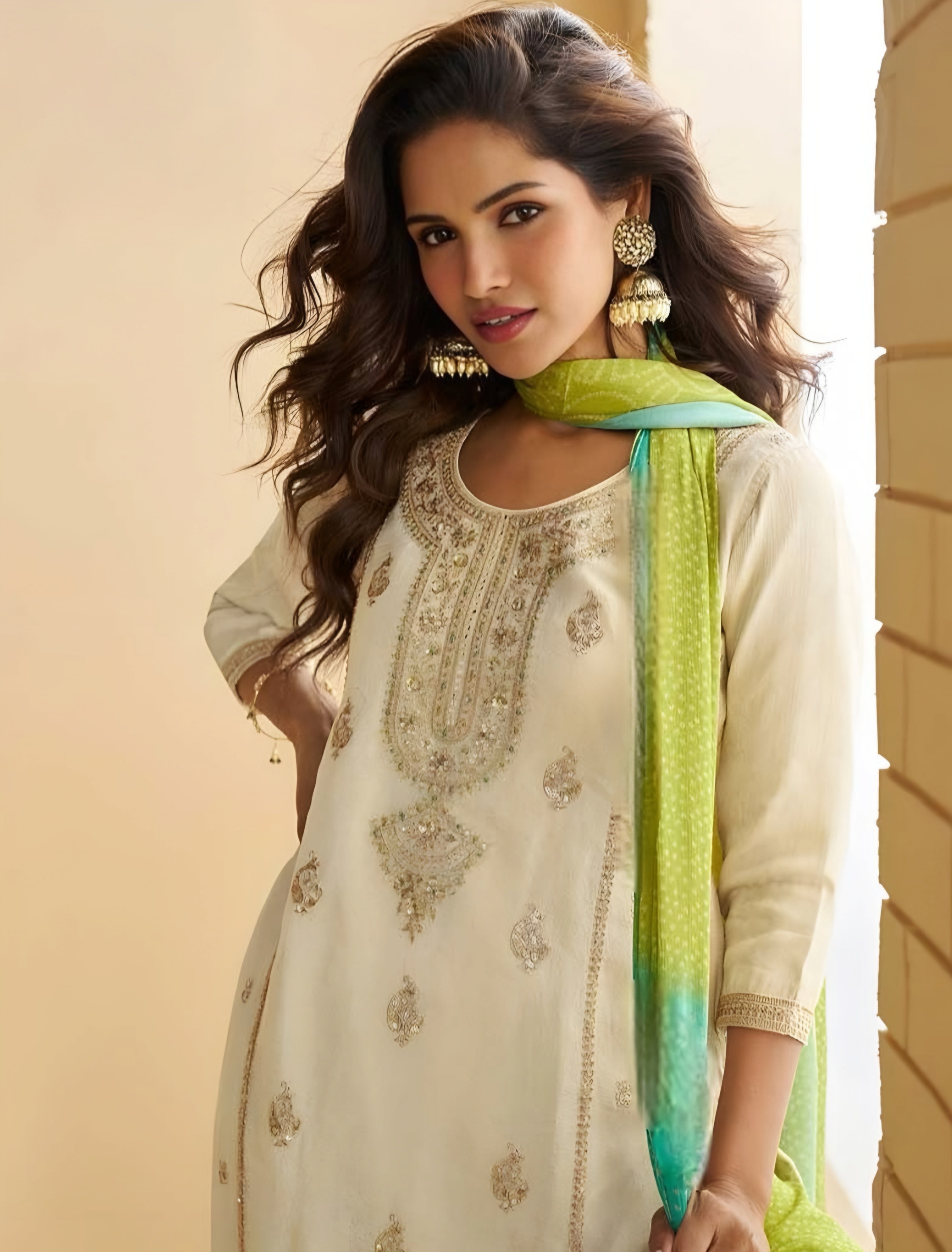 Woman wearing a cream embroidered dress with a green dupatta, standing against a beige wall.