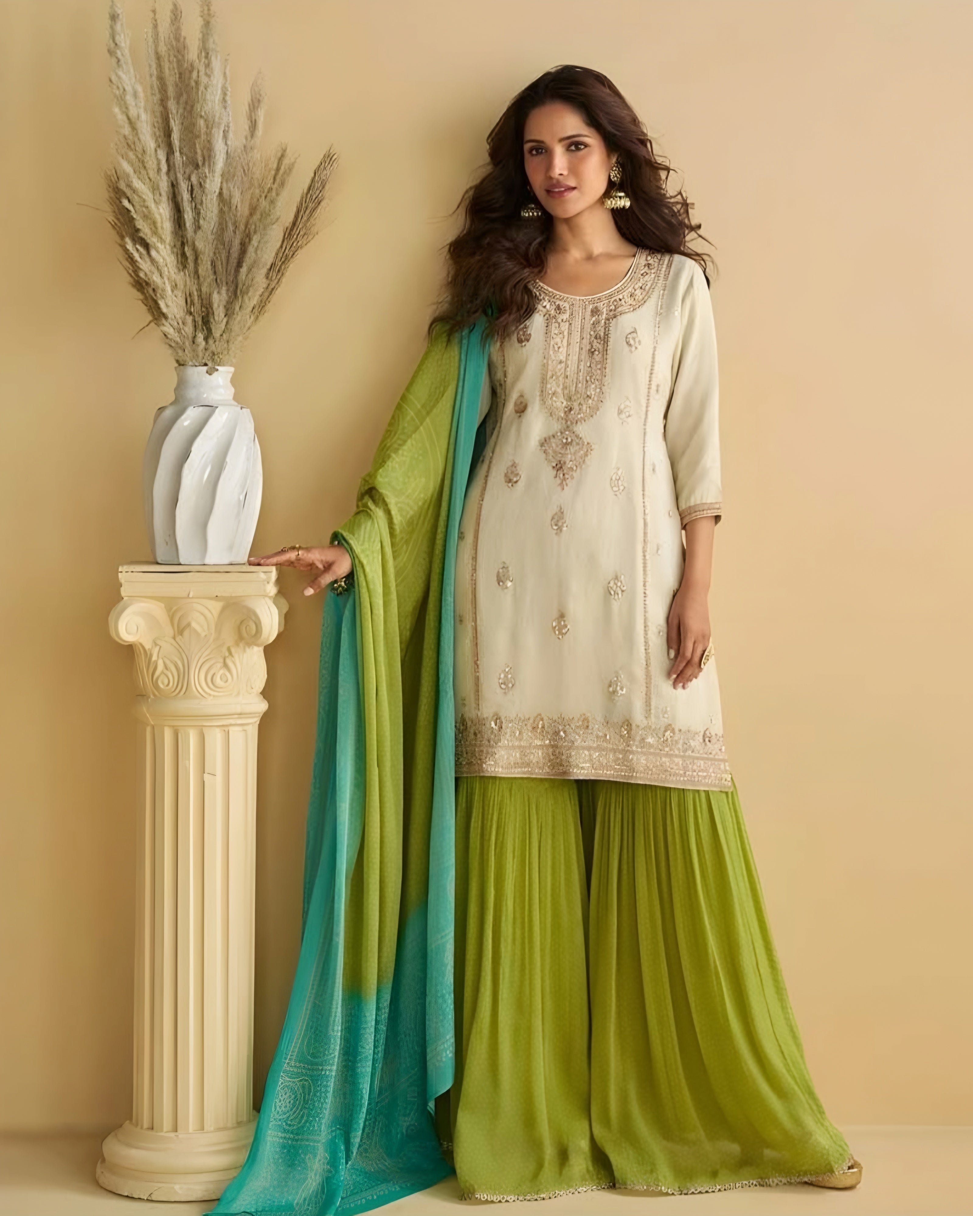 Cream Embroidered Kurta Set with Green Sharara & Blue Dupatta – Indian Ethnic Wear Australia