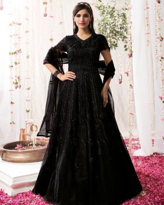 Modern Black Butterfly Net Designer Party Wear Salwar Suit With Black American Crepe