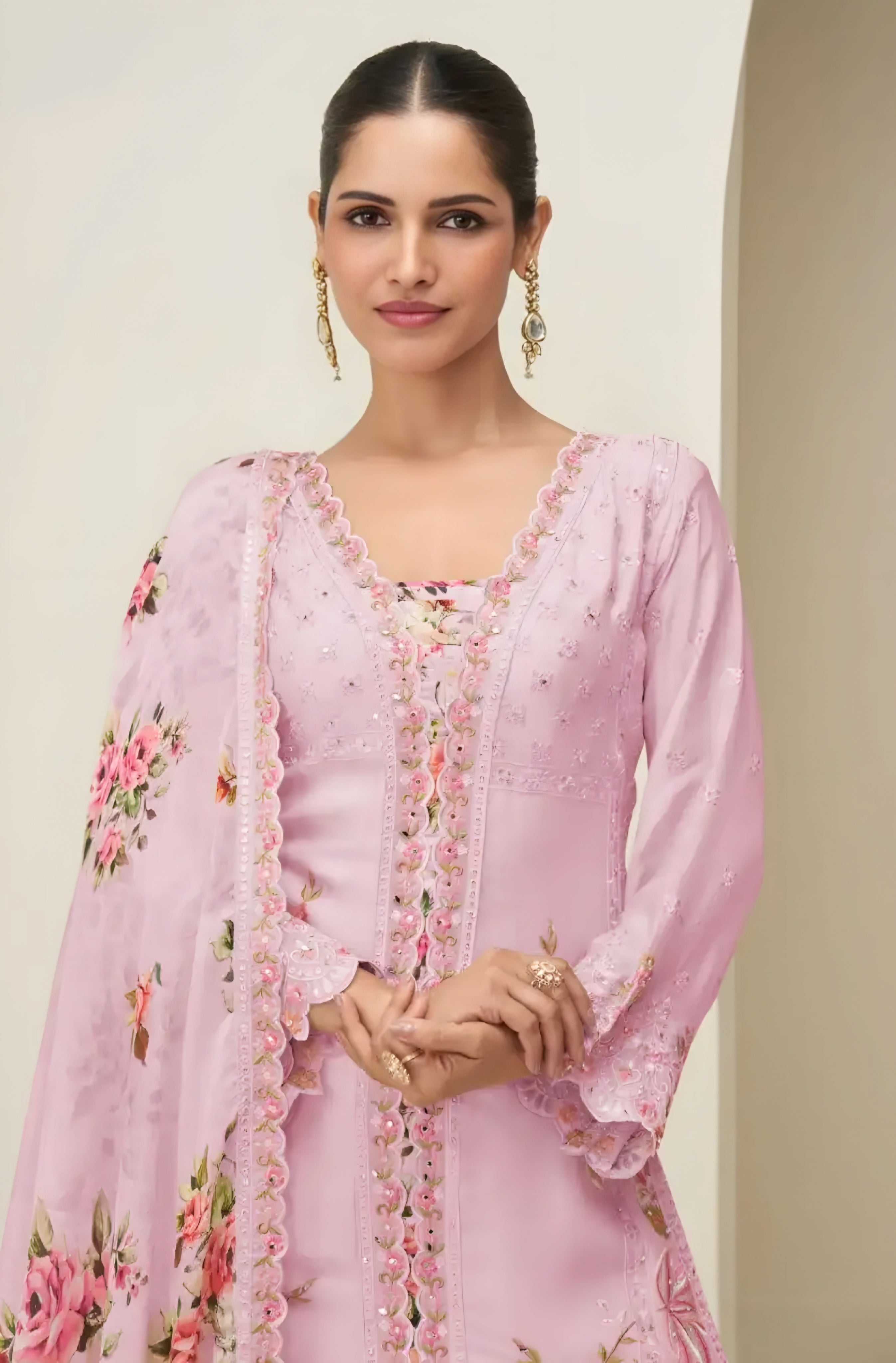 Floral Pink Embroidered Chinon Silk Salwar Suit with Palazzo & Dupatta