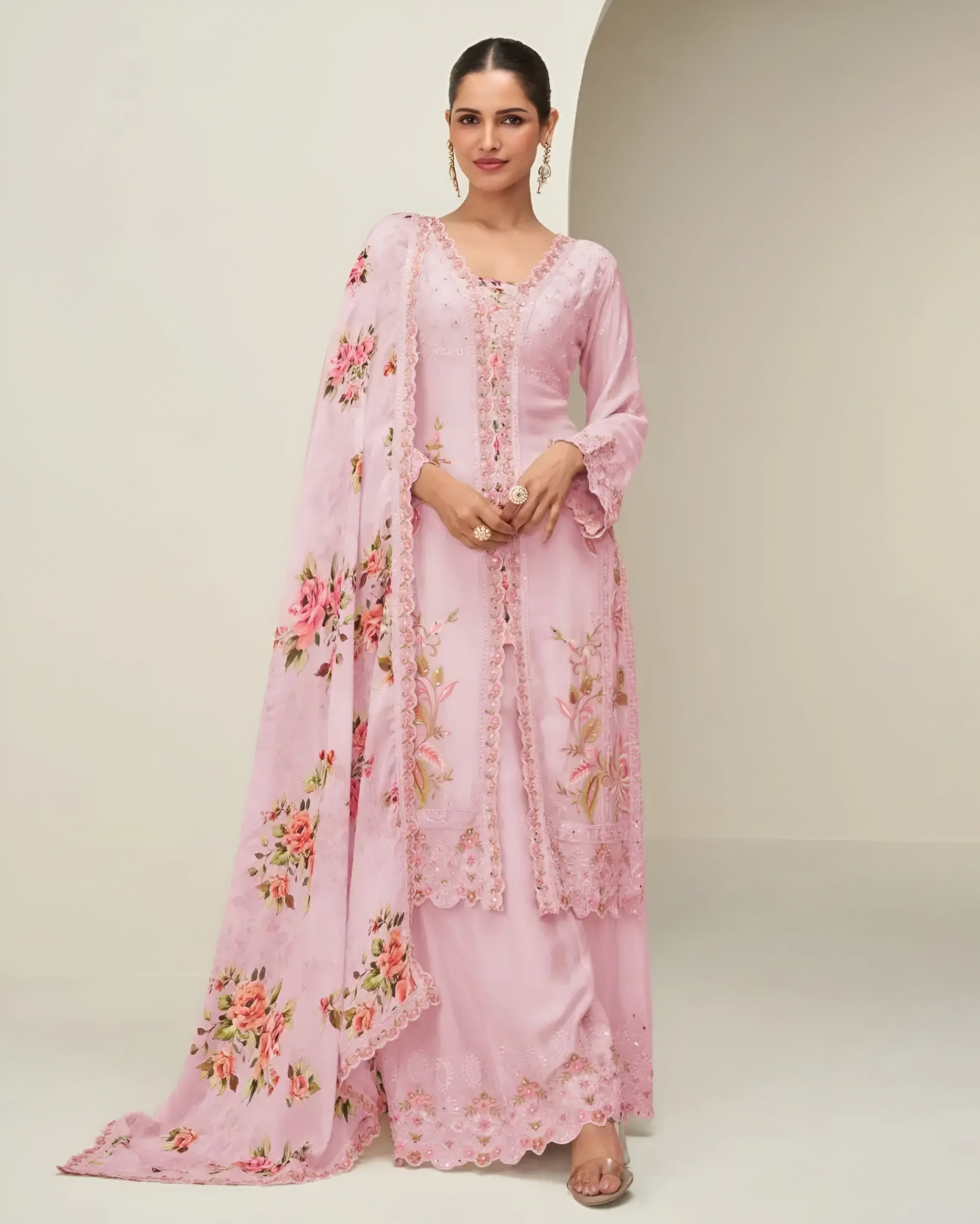Floral Pink Embroidered Chinon Silk Salwar Suit with Palazzo & Dupatta