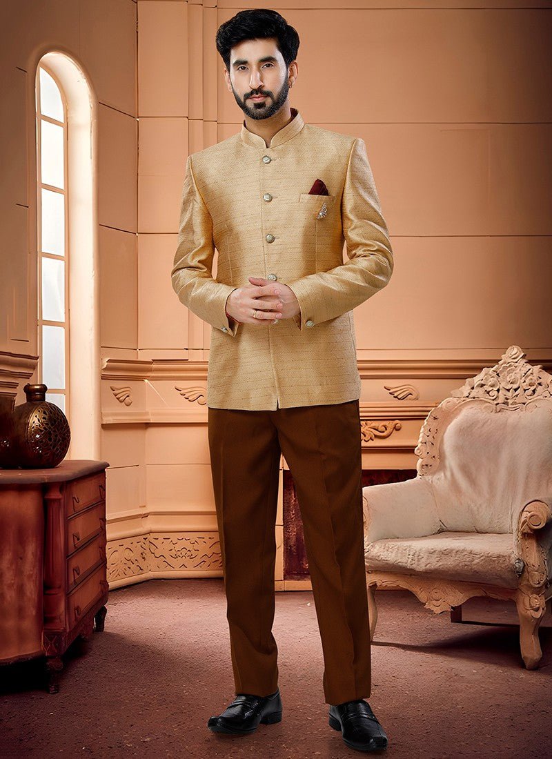 Gold  Woven Jaquard Mens Jodhpuri Suits - Sakhi Fashions
