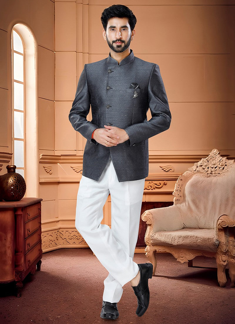 Gray Jaquard Men Jodhpuri Suits - Sakhi Fashions