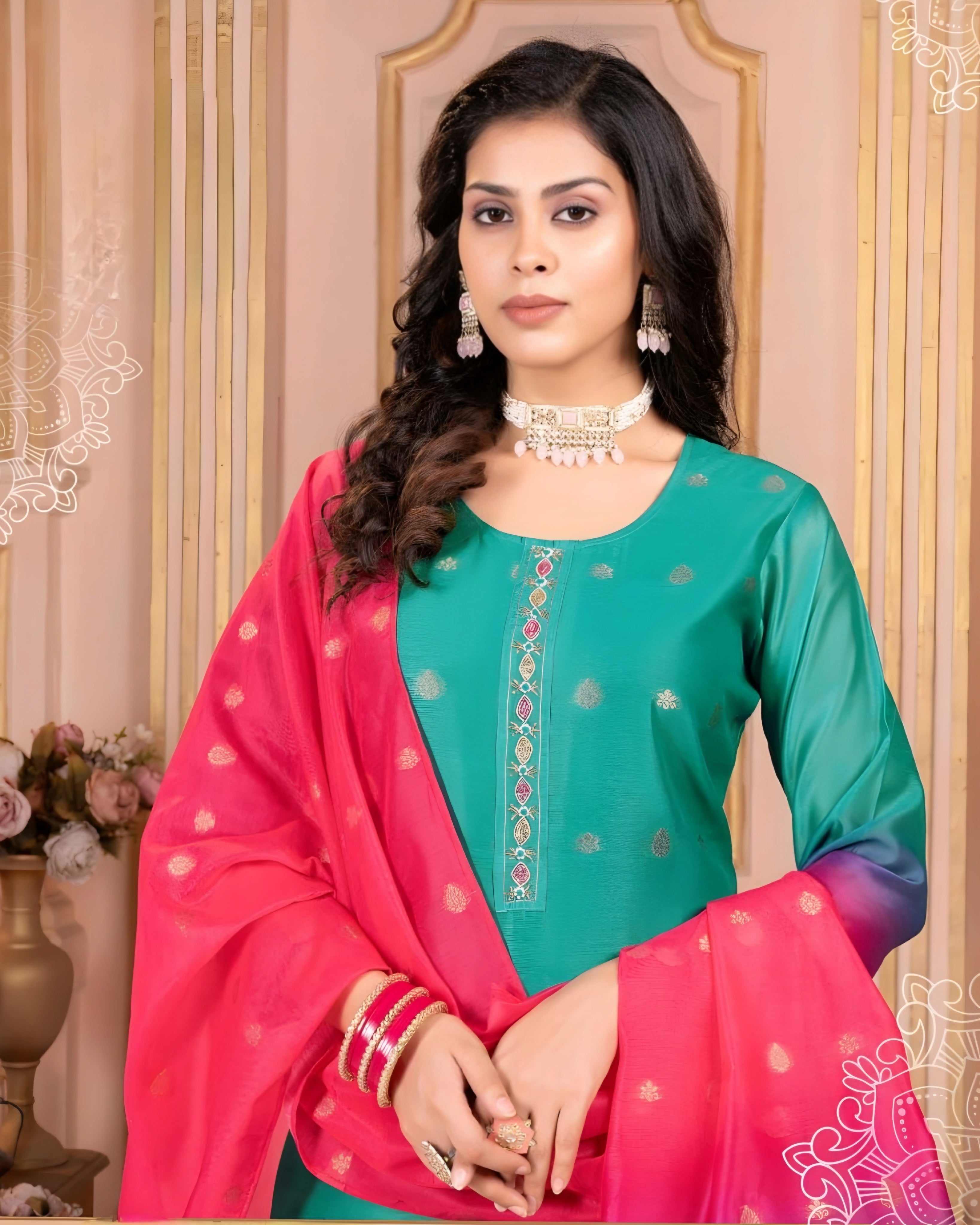 Green & Pink Ombré Chanderi Jacquard Salwar Suit
