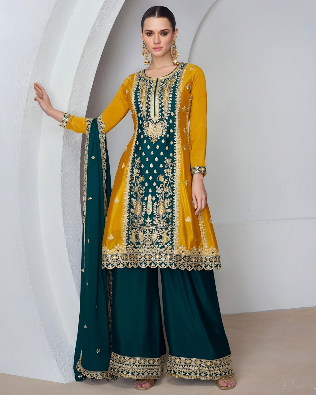 Green Satin Palazzo Suits with Beads Sequins Work main image 1