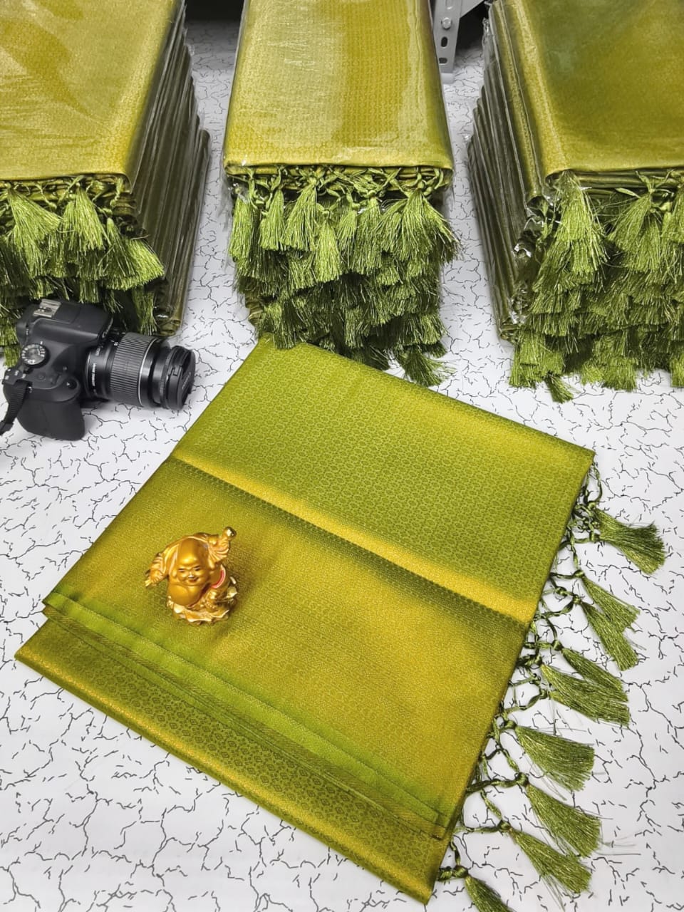 Soft Silk fabric Copper Zari Green