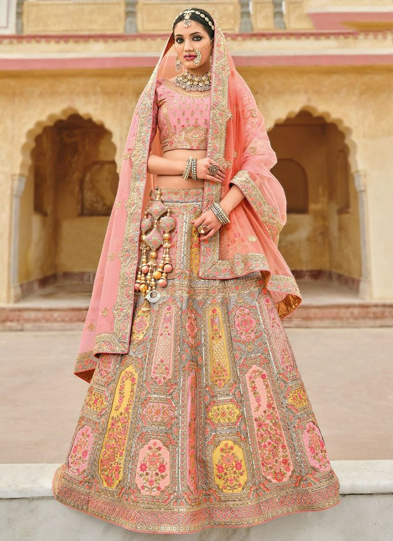 Light Peach Velvet Heavy Embroidery Bridal Lehenga Choli - Sakhi Fashions