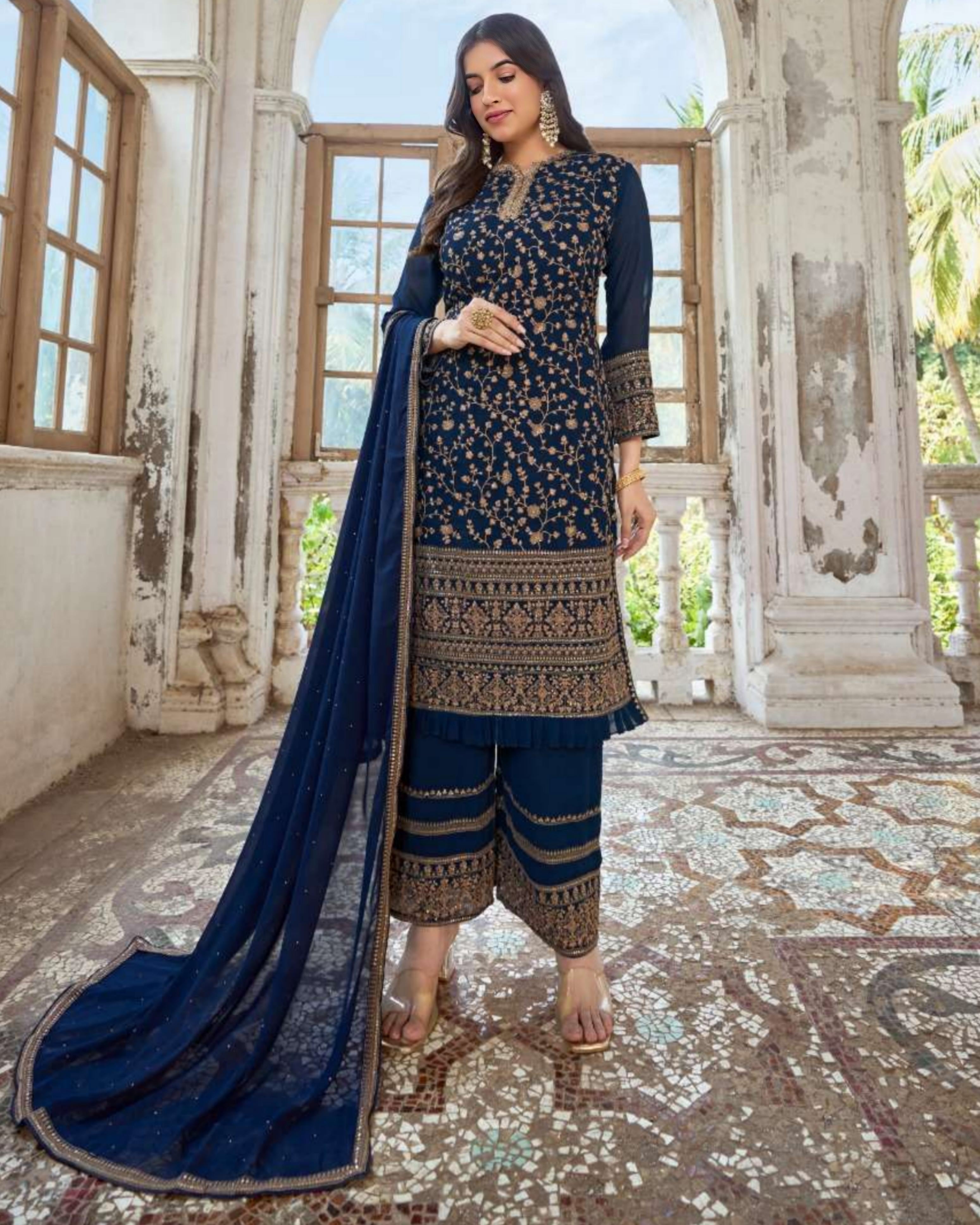 Heavy Embroidered Georgette Pant Suits Plus in Blue