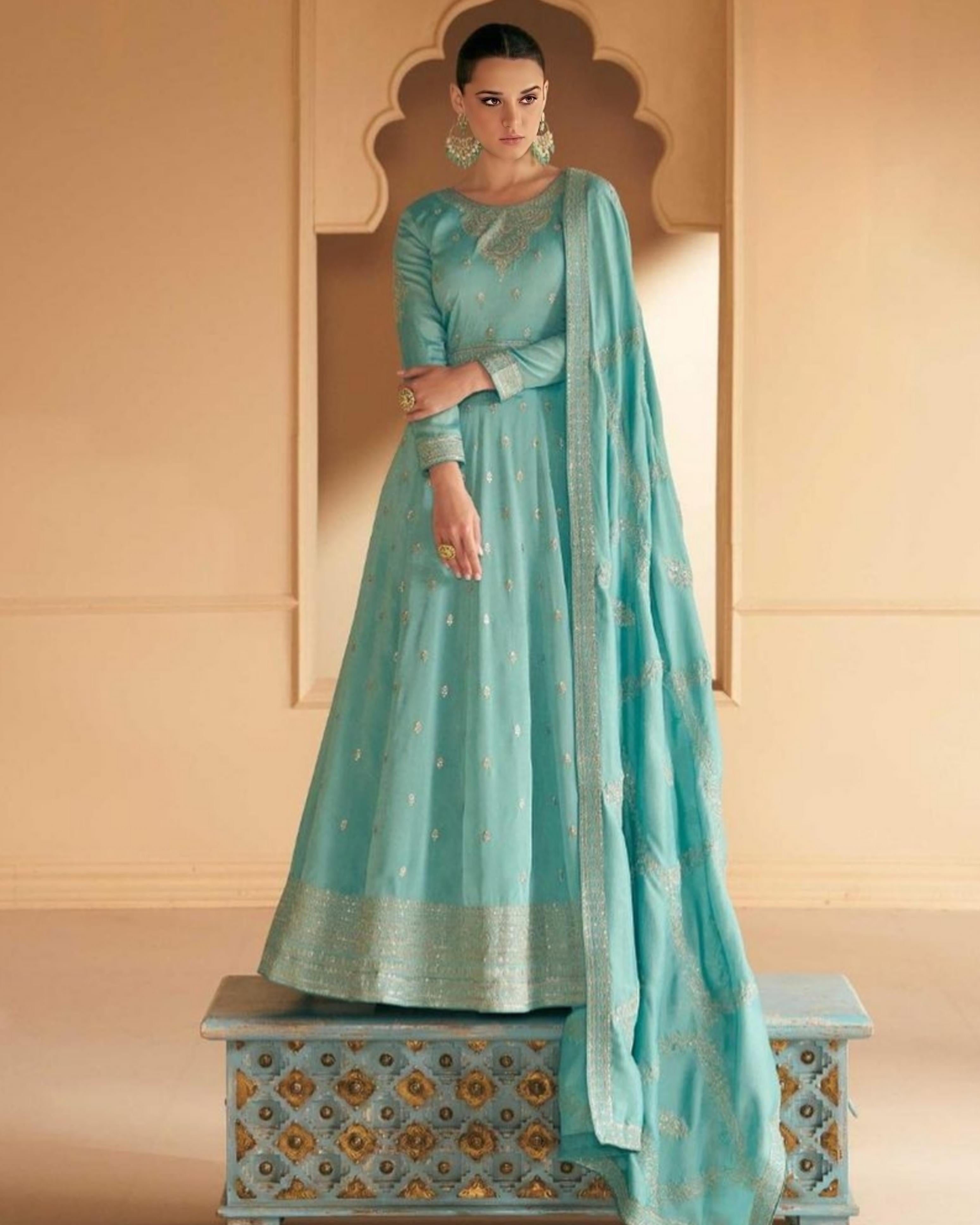 Blue Premium Silk Zari Embroidered Anarkali Gown