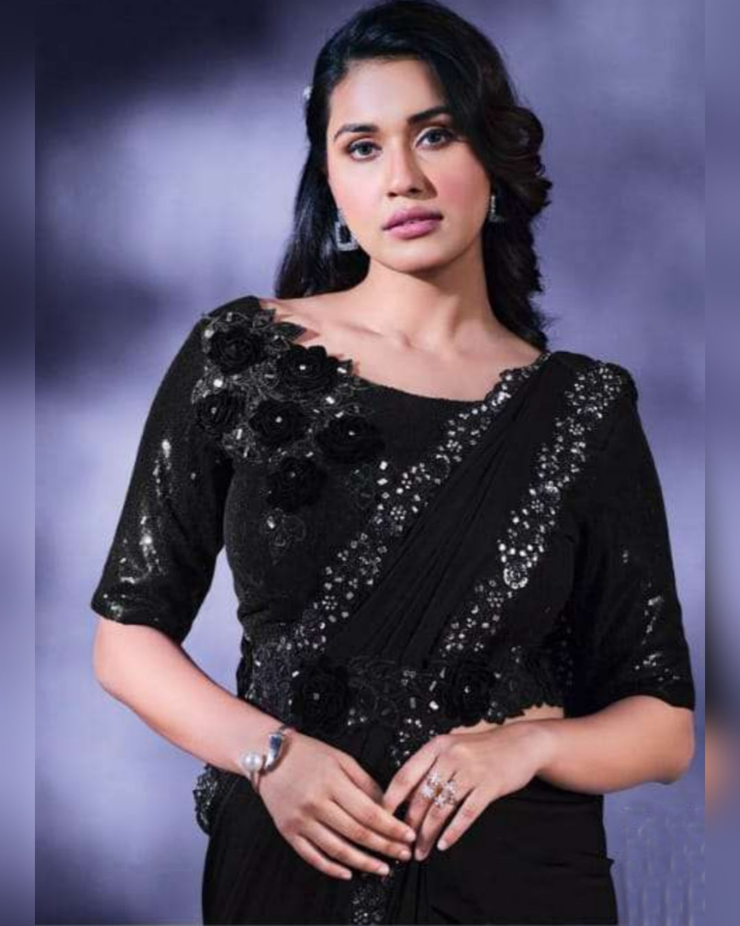 Embroidered Crepe Lycra  Ready to Wear Saree Black