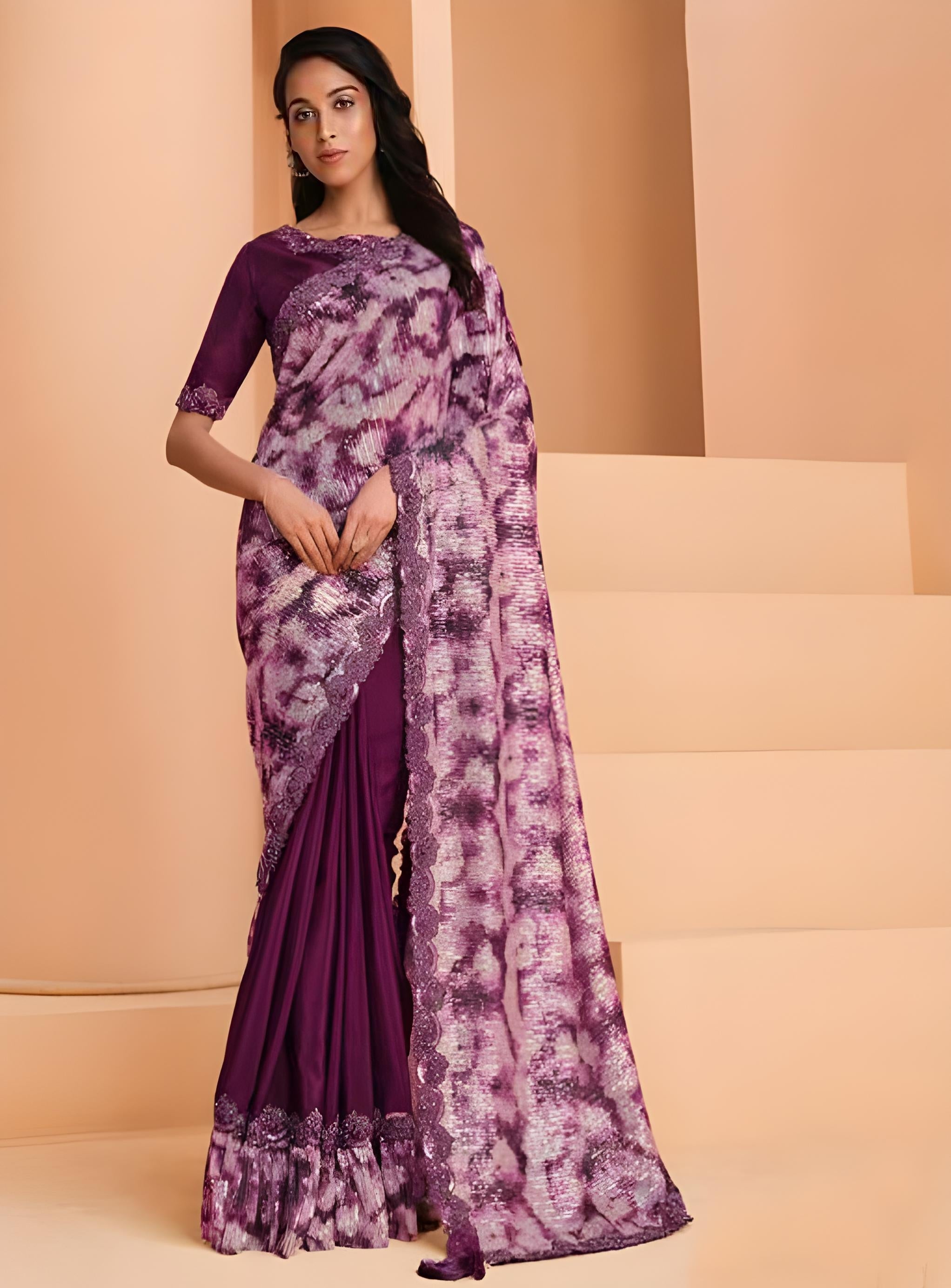 Sequince Embroidered Satin Crepe Ready to Wear Saree Purple
