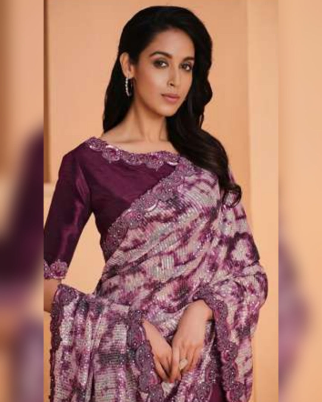 Sequince Embroidered Satin Crepe Ready to Wear Saree Purple