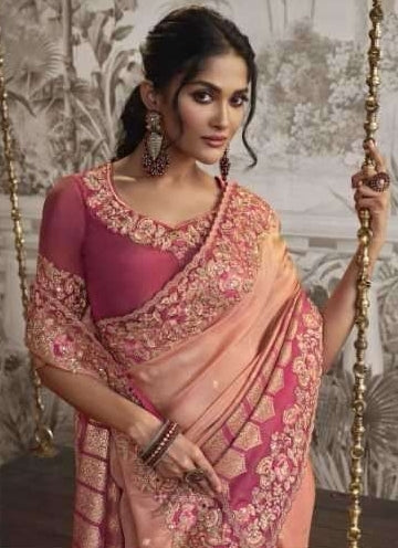 Soft Silk Heavy Embroidered Wedding Saree Pink