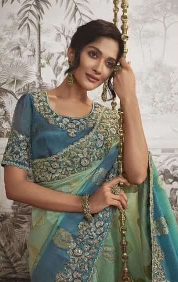 Soft Silk Heavy Embroidered Wedding Saree Green