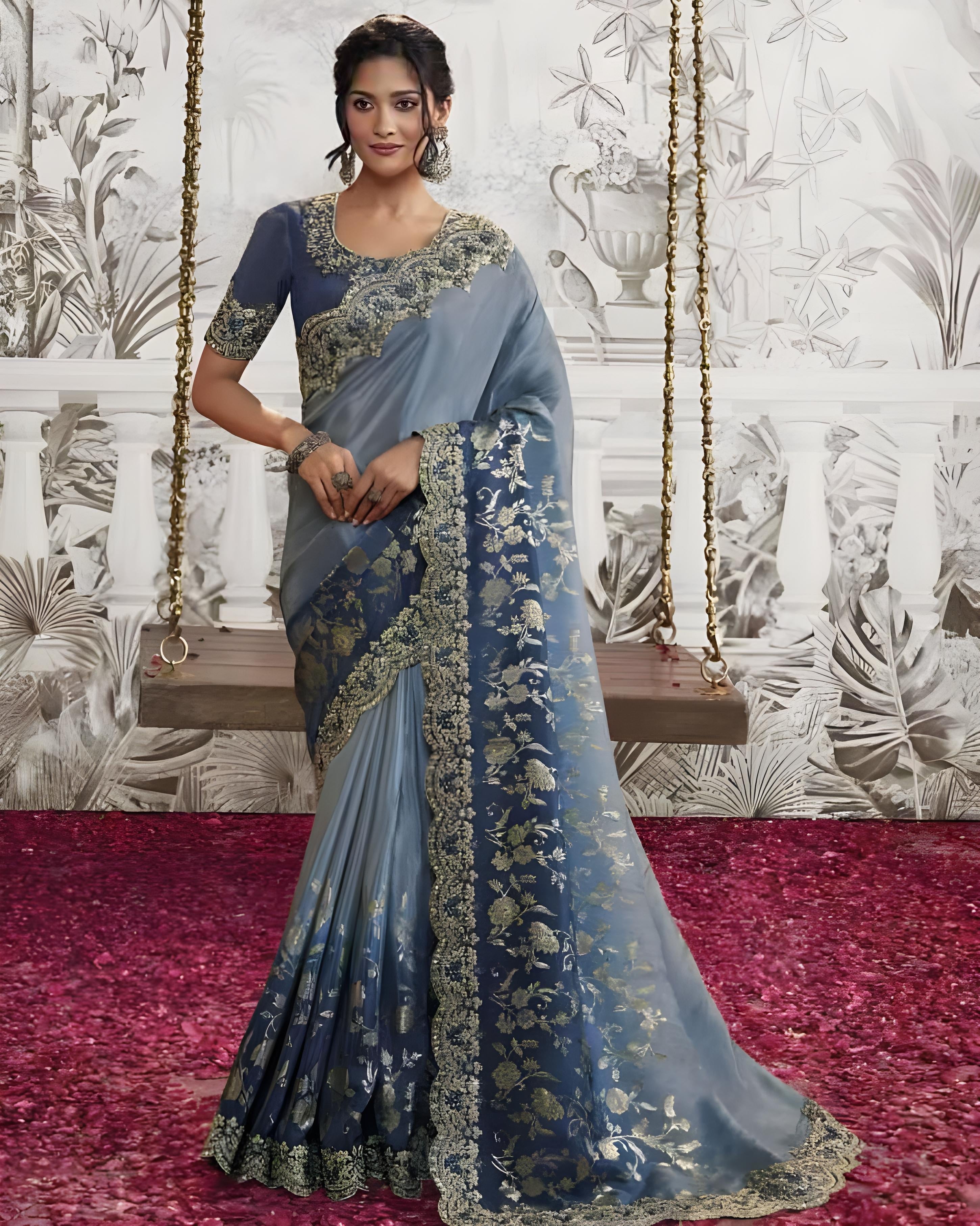 Soft Silk Heavy Embroidered Wedding Saree Blue