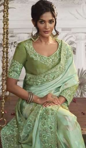 Soft Silk Heavy Embroidered Wedding Saree Light Green