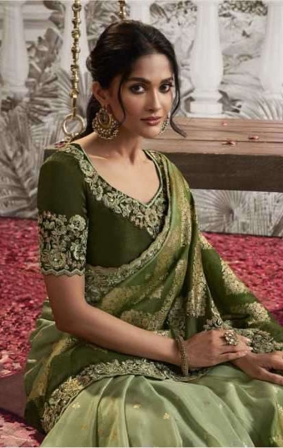 Soft Silk Heavy Embroidered Wedding Saree Light Olive Green