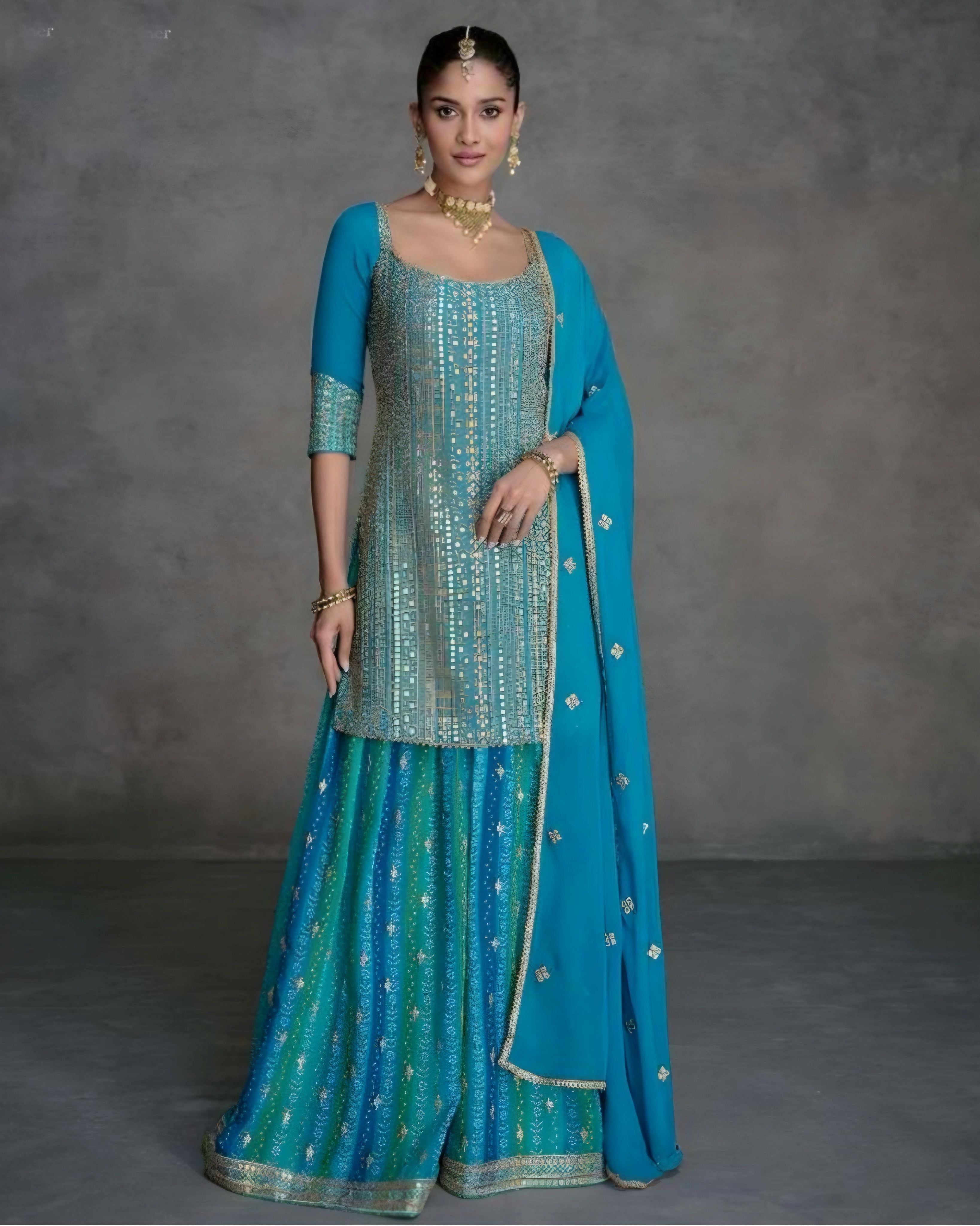 Embroidered Georgette Sharara Suits Blue
