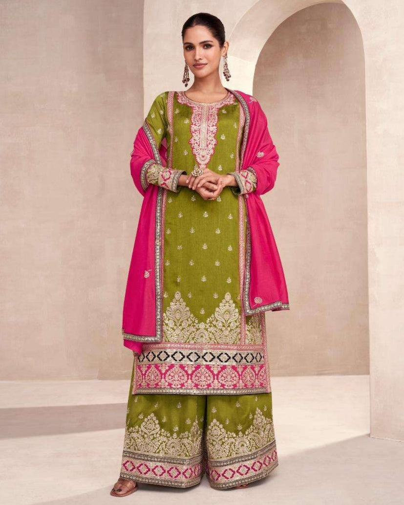 Embroidered Georgette Palazzo Suits Olive Green