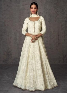 Embroidered Real Georgette Anarkali Gown White