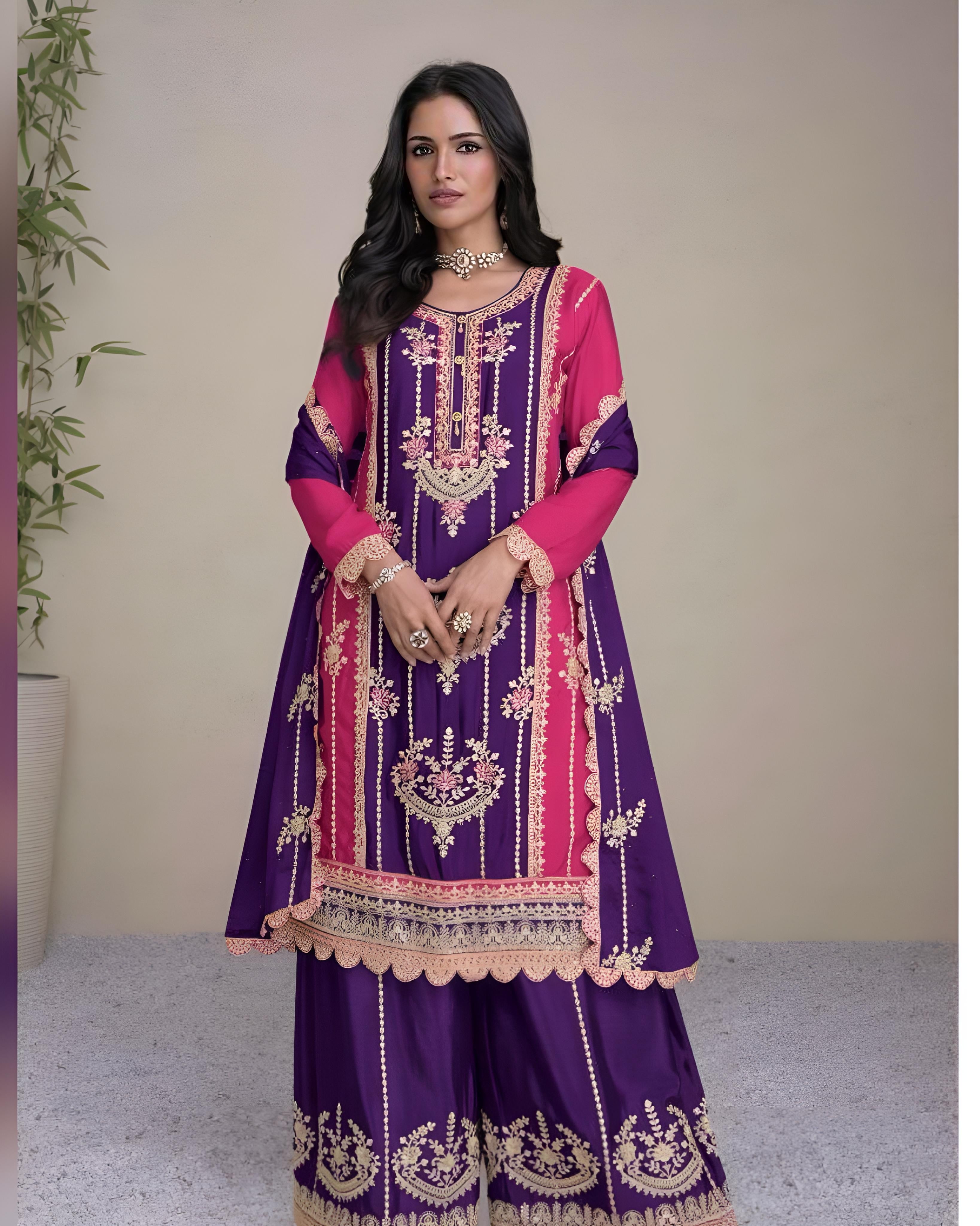 Chinon silk Embroidered Palazzo Suits