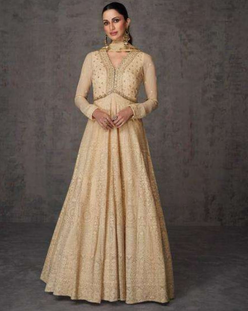 Embroidered Real Georgette Anarkali Gown Beige