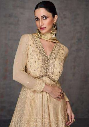 Embroidered Real Georgette Anarkali Gown Beige