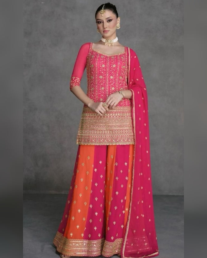 Embroidered Georgette Sharara Suits Pink