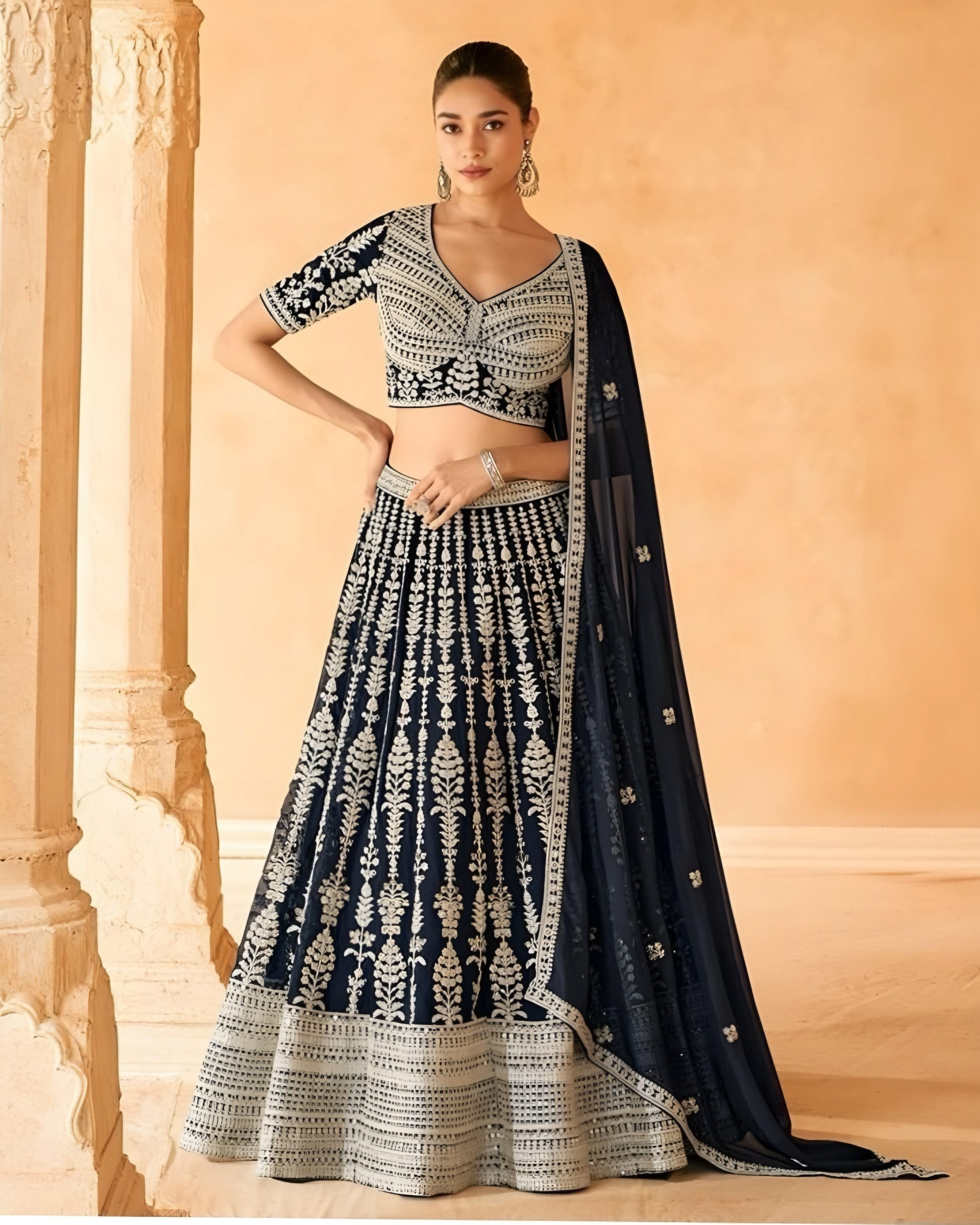 Navy Blue Embroidered Lehenga Choli