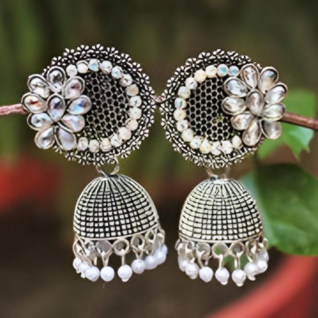 Silver plated crystal stone Jhumka Earrings